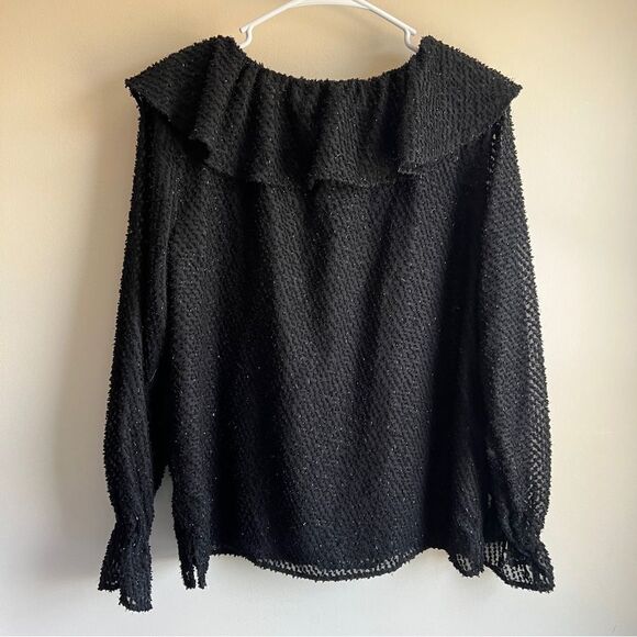 Loft Black Shimmer Clip Ruffle Long Sleeve Blouse - Picture 6 of 6
